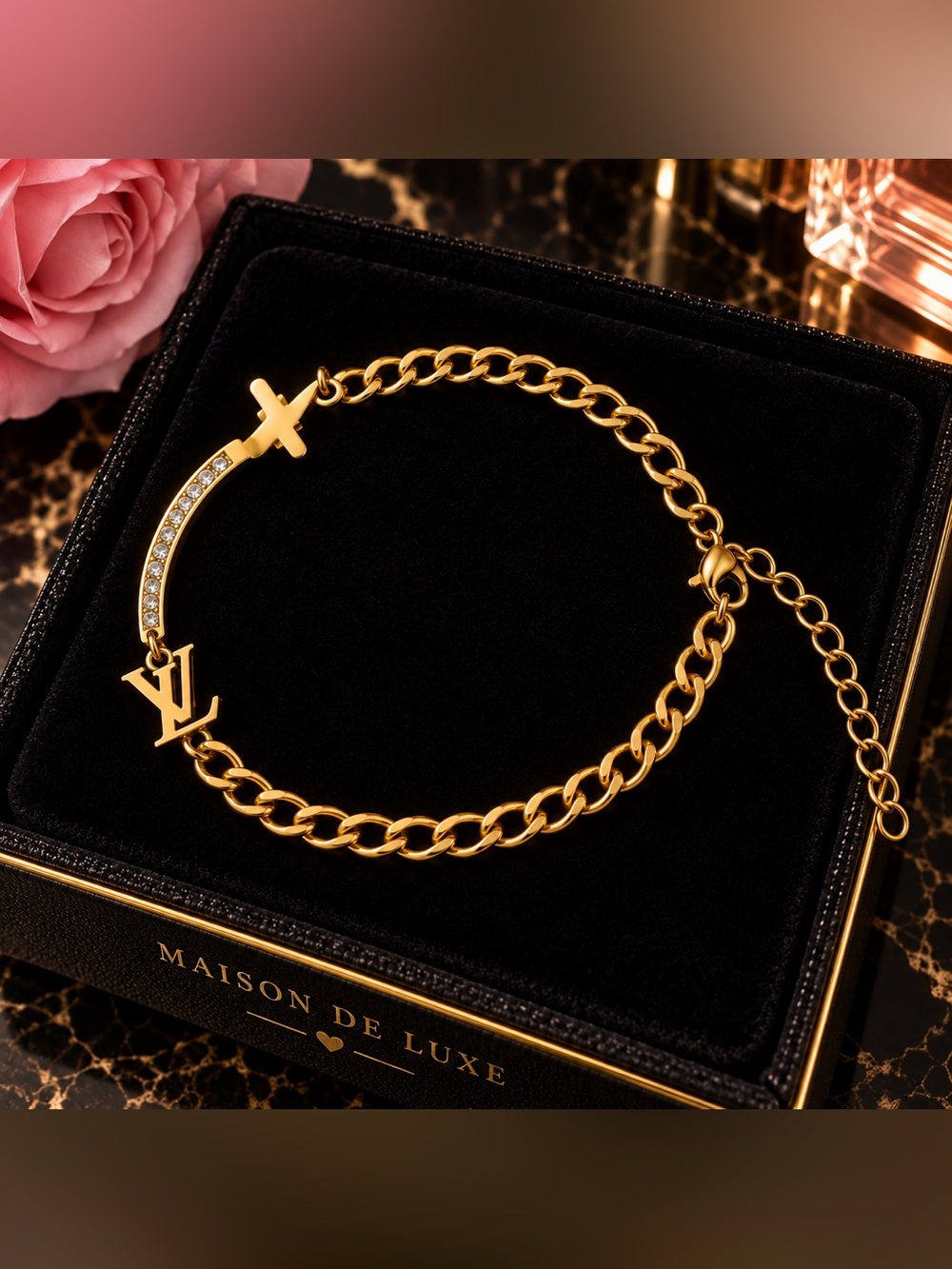 Gold LV Charm Rhinestone Chain Bracelet